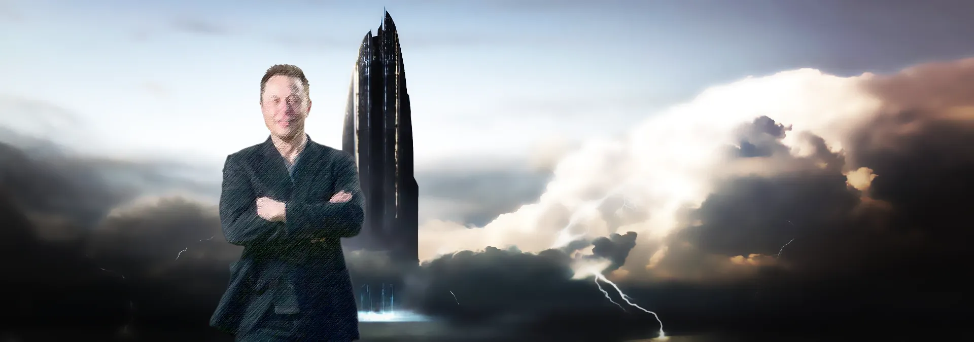 A huge dark gray rocket taking off